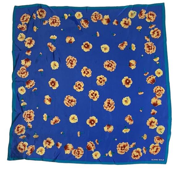 Elaine Gold Blue Orange Peach Floral 21” Square 100% Silk Scarf W-109 - Picture 1 of 5